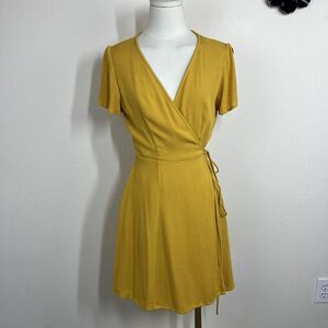 Lulus Dress Womens Small Yellow Wrap Short Flutter Sleeve Lined Summer Party